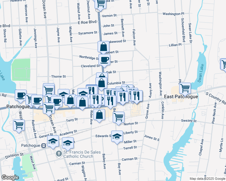 map of restaurants, bars, coffee shops, grocery stores, and more near 17 Medford Avenue in Patchogue