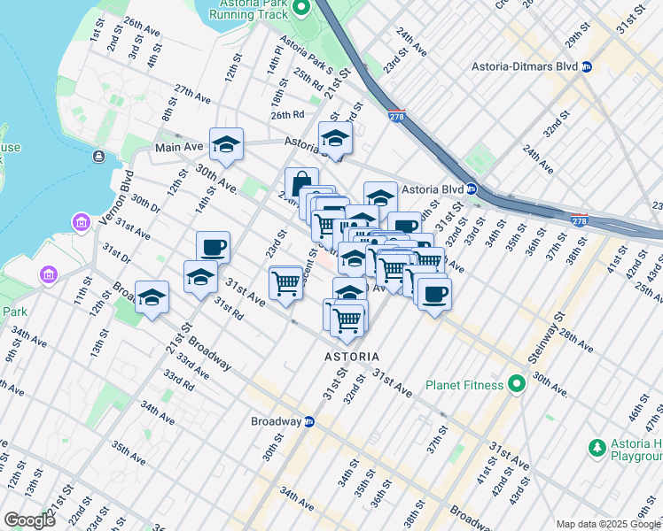 map of restaurants, bars, coffee shops, grocery stores, and more near 25-40 30th Road in Queens