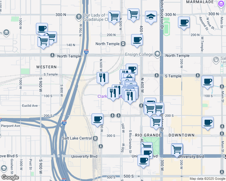 map of restaurants, bars, coffee shops, grocery stores, and more near 100 500 West in Salt Lake City
