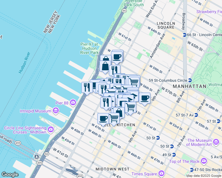 map of restaurants, bars, coffee shops, grocery stores, and more near 555 West 53rd Street in New York