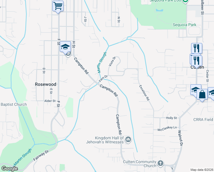map of restaurants, bars, coffee shops, grocery stores, and more near 4100-4178 Campton Road in Eureka