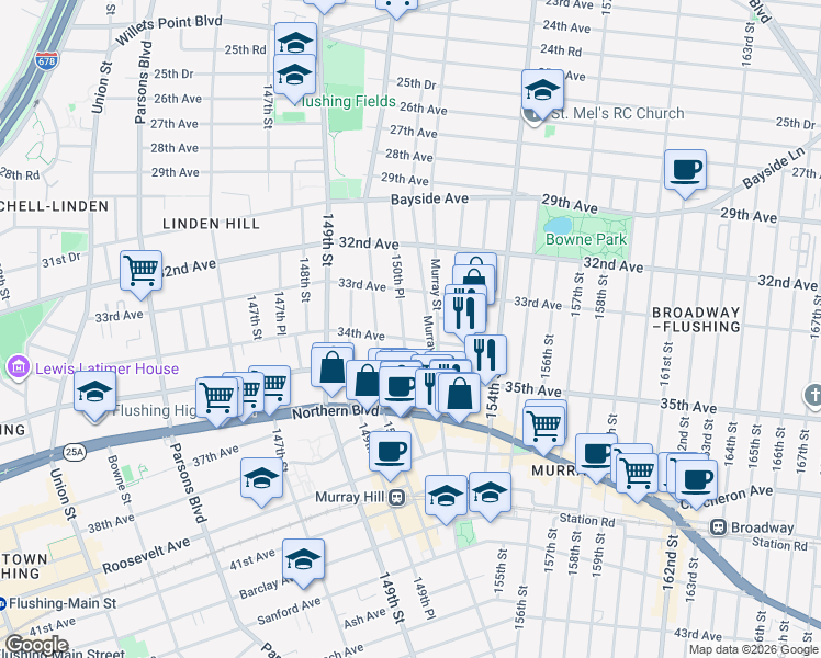 map of restaurants, bars, coffee shops, grocery stores, and more near 3412 Murray Lane in Queens