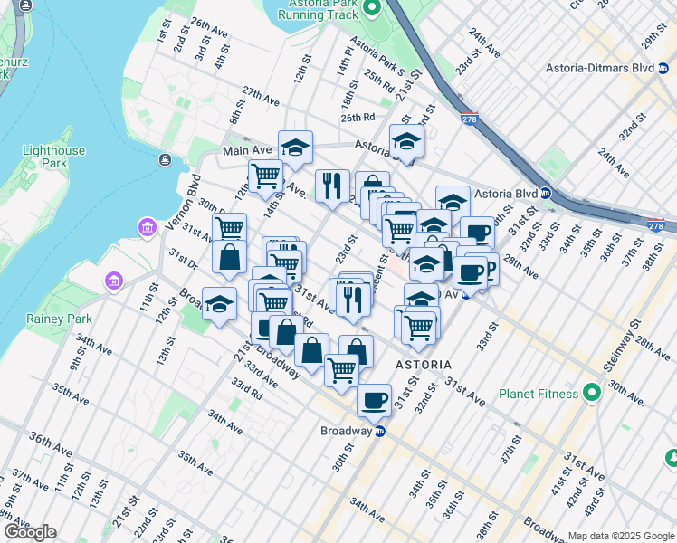 map of restaurants, bars, coffee shops, grocery stores, and more near 23-18 30th Drive in Queens