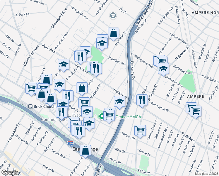 map of restaurants, bars, coffee shops, grocery stores, and more near 14 Summit Street in East Orange
