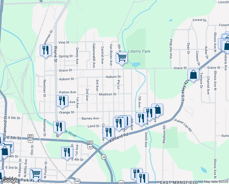 map of restaurants, bars, coffee shops, grocery stores, and more near 329 4th Avenue in Mansfield