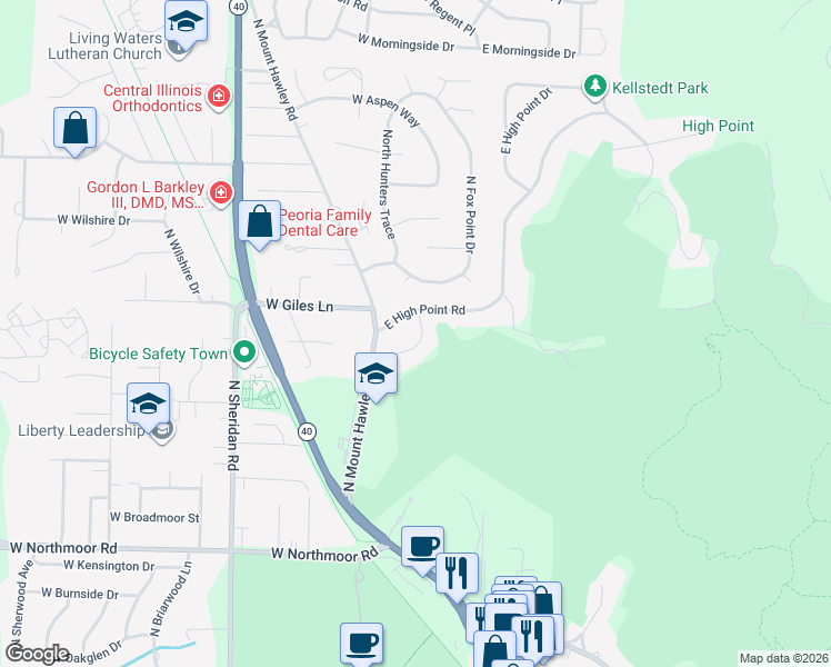 map of restaurants, bars, coffee shops, grocery stores, and more near 136 East Southgate Road in Peoria