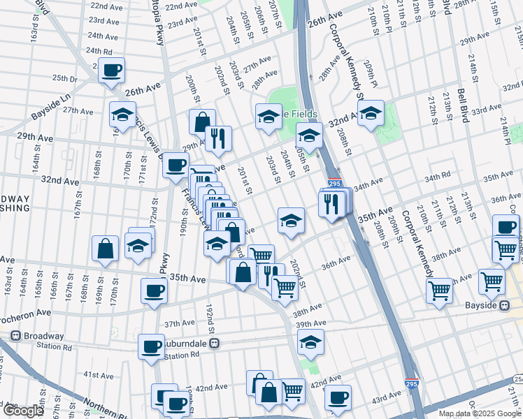 map of restaurants, bars, coffee shops, grocery stores, and more near 20104 34th Avenue in Queens