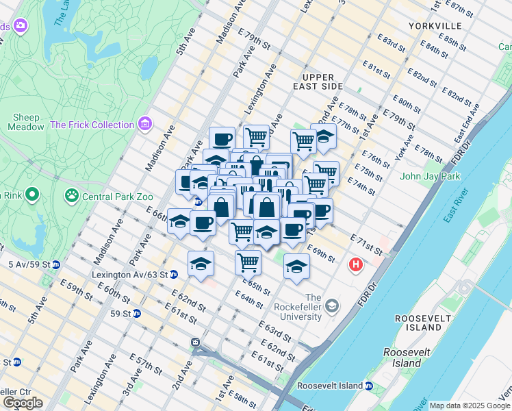 map of restaurants, bars, coffee shops, grocery stores, and more near 220 East 70th Street in New York