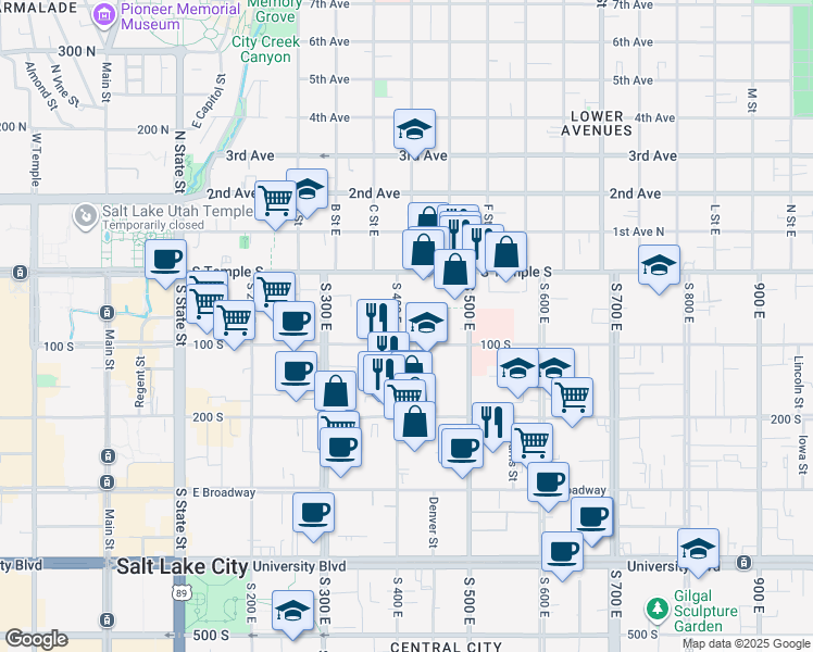 map of restaurants, bars, coffee shops, grocery stores, and more near 63 South 400 East in Salt Lake City