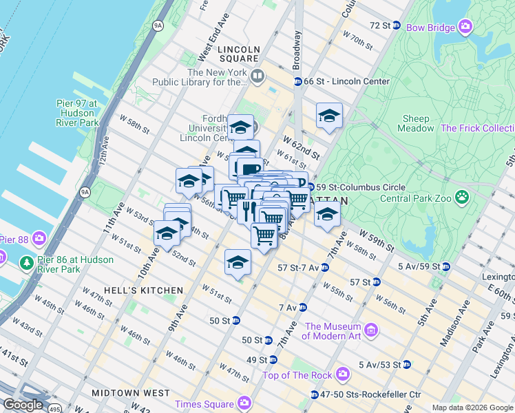 map of restaurants, bars, coffee shops, grocery stores, and more near 330 West 55th Street in New York