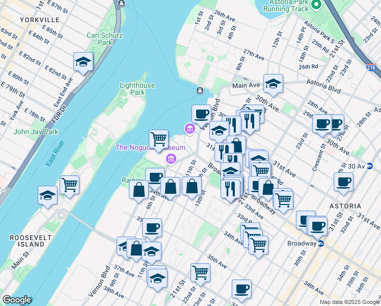 map of restaurants, bars, coffee shops, grocery stores, and more near 32-02 Vernon Boulevard in Queens