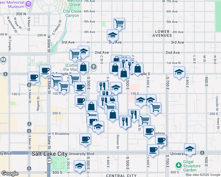 map of restaurants, bars, coffee shops, grocery stores, and more near 63 South 400 East in Salt Lake City