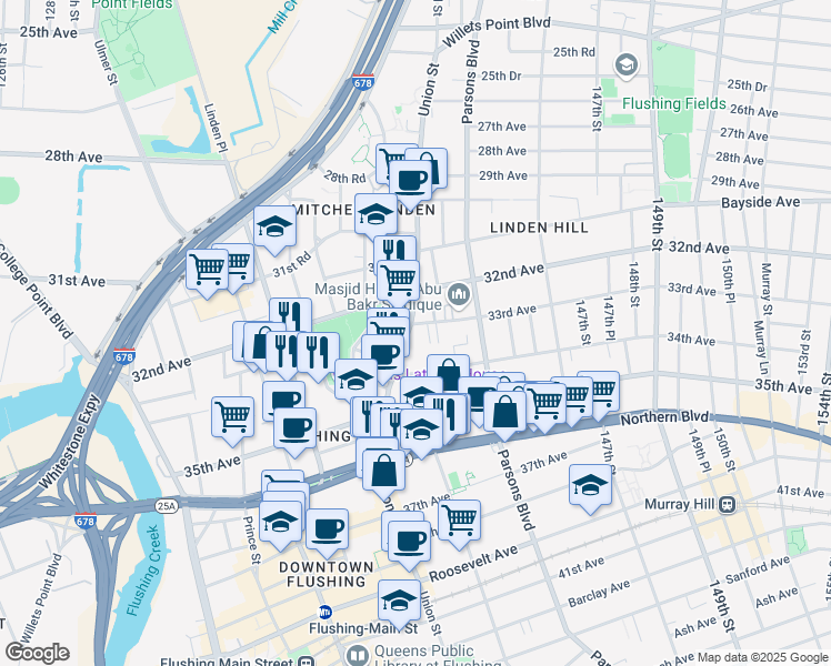 map of restaurants, bars, coffee shops, grocery stores, and more near 33-01 Union Street in Queens
