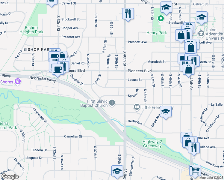 map of restaurants, bars, coffee shops, grocery stores, and more near 3831 Spruce Street in Lincoln