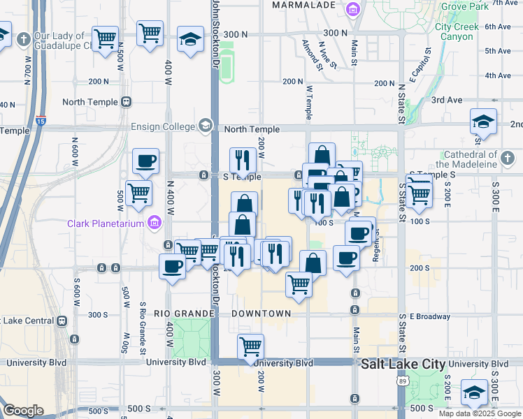 map of restaurants, bars, coffee shops, grocery stores, and more near 50 South 200 West in Salt Lake City