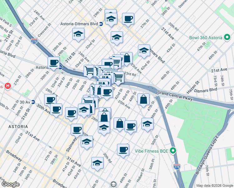 map of restaurants, bars, coffee shops, grocery stores, and more near 42-15 25th Avenue in Queens