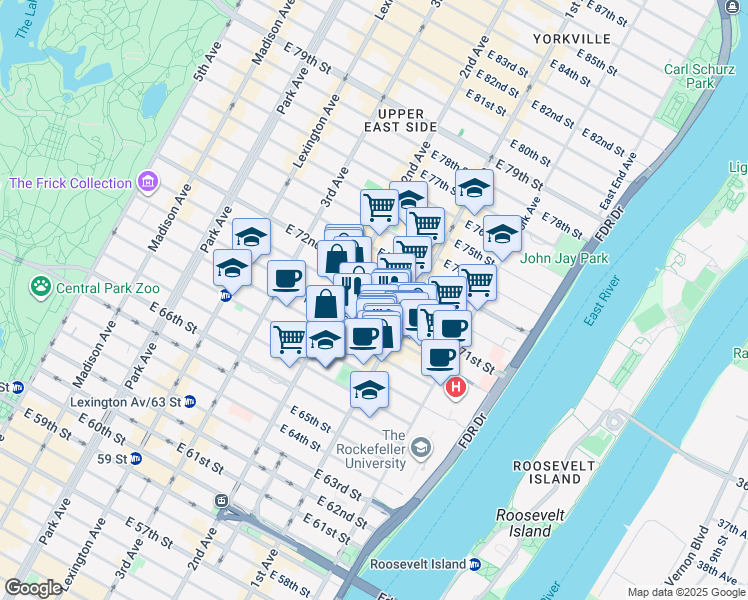 map of restaurants, bars, coffee shops, grocery stores, and more near 333 East 70th Street in New York