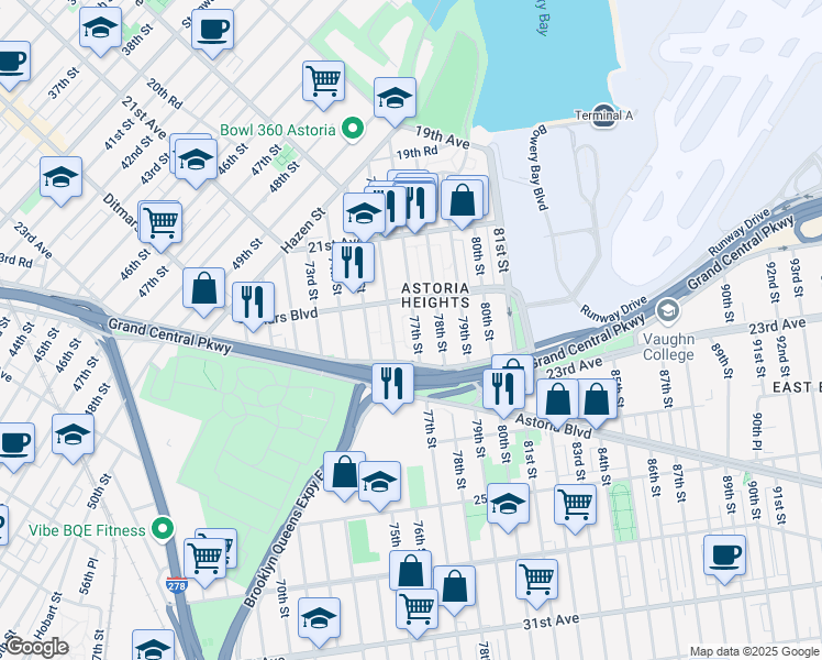 map of restaurants, bars, coffee shops, grocery stores, and more near 22-28 77th Street in Queens