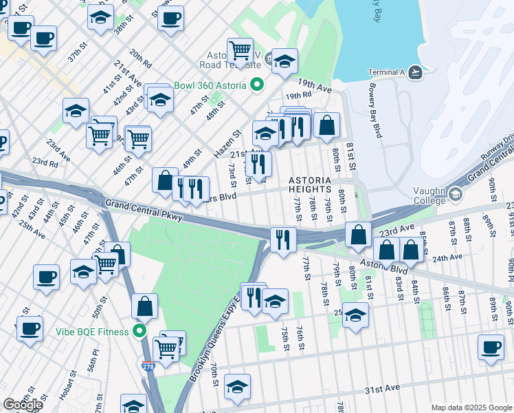 map of restaurants, bars, coffee shops, grocery stores, and more near 7411 Astoria Boulevard North in Queens
