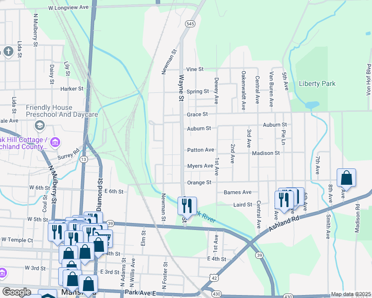 map of restaurants, bars, coffee shops, grocery stores, and more near 249 Patton Avenue in Mansfield