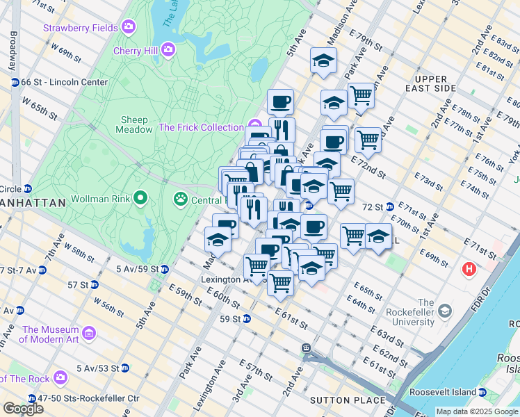 map of restaurants, bars, coffee shops, grocery stores, and more near 61 East 66th Street in New York