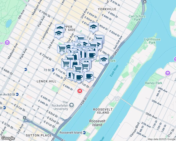 map of restaurants, bars, coffee shops, grocery stores, and more near 1378 York Avenue in New York