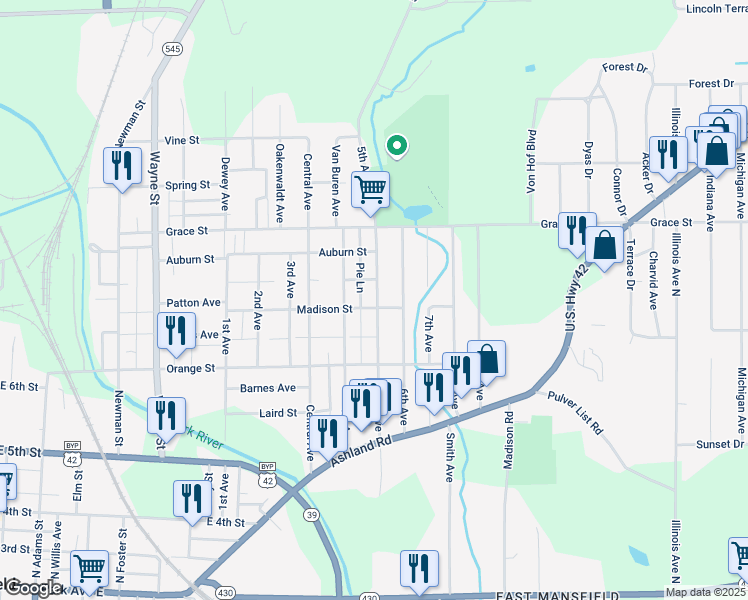 map of restaurants, bars, coffee shops, grocery stores, and more near 384 5th Avenue in Mansfield