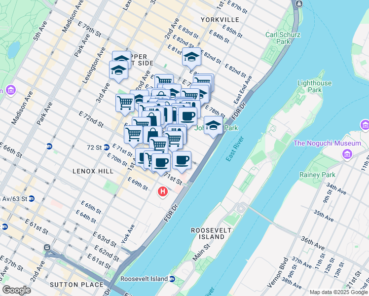 map of restaurants, bars, coffee shops, grocery stores, and more near 510 East 74th Street in New York