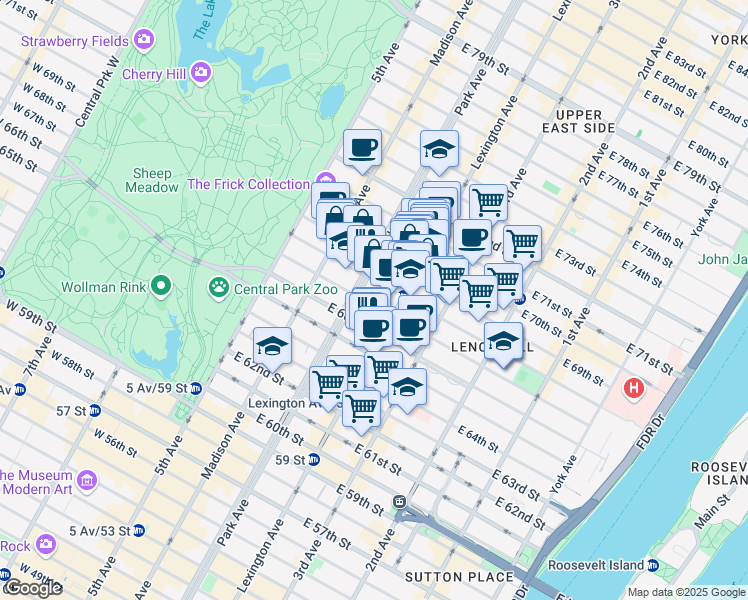map of restaurants, bars, coffee shops, grocery stores, and more near 115 East 67th Street in New York