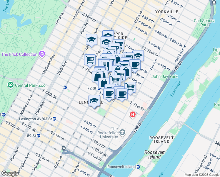 map of restaurants, bars, coffee shops, grocery stores, and more near 327 East 71st Street in New York
