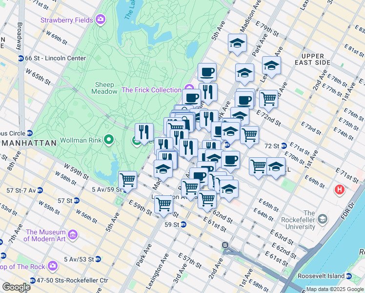 map of restaurants, bars, coffee shops, grocery stores, and more near 786 Madison Avenue in New York