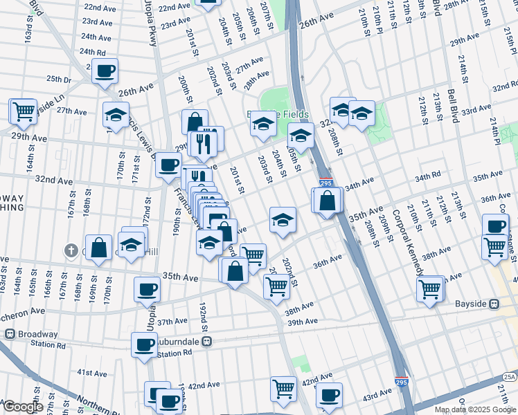 map of restaurants, bars, coffee shops, grocery stores, and more near 202-2 33rd Avenue in Queens