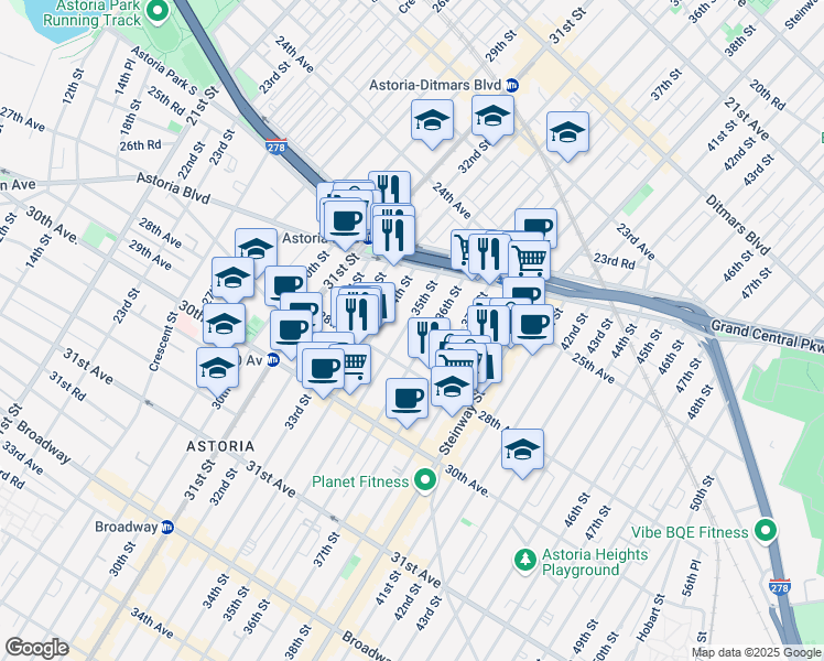 map of restaurants, bars, coffee shops, grocery stores, and more near 25-37 35th Street in Queens