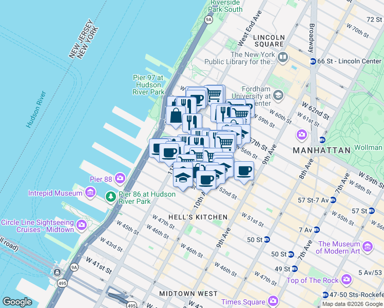 map of restaurants, bars, coffee shops, grocery stores, and more near in New York