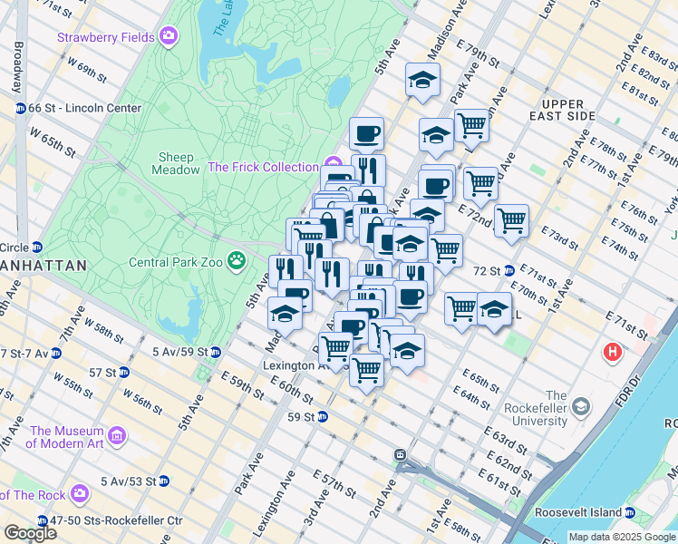 map of restaurants, bars, coffee shops, grocery stores, and more near 61 East 66th Street in New York