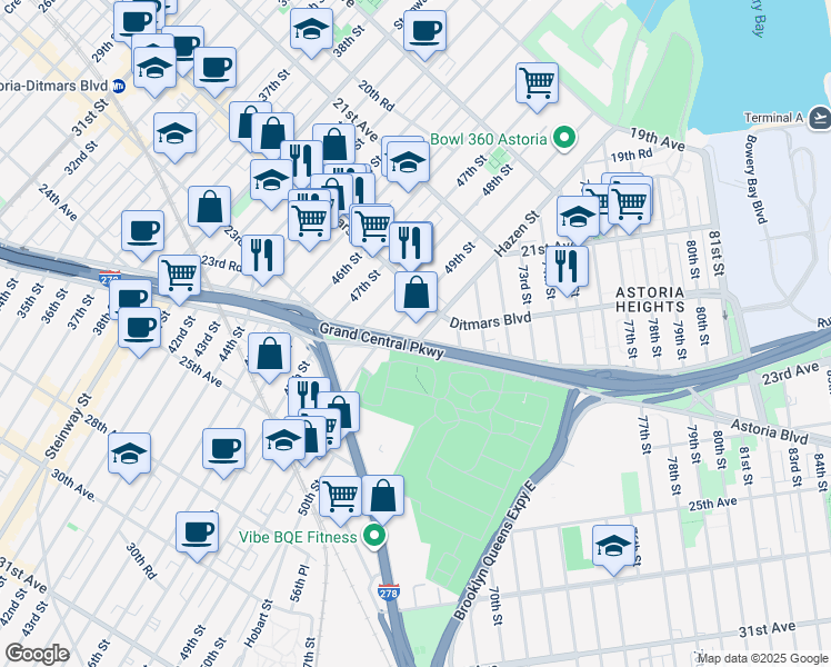 map of restaurants, bars, coffee shops, grocery stores, and more near 49-23 Astoria Boulevard South in Queens