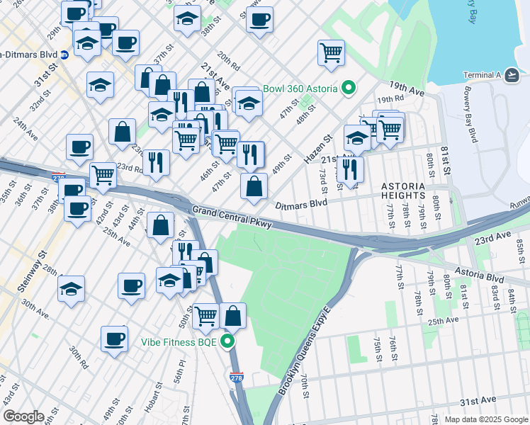 map of restaurants, bars, coffee shops, grocery stores, and more near 22-09 49th Street in Queens