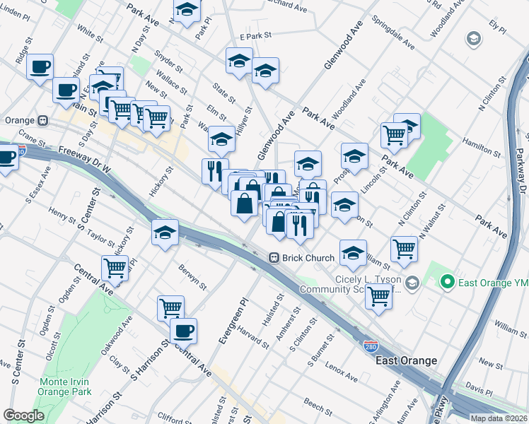 map of restaurants, bars, coffee shops, grocery stores, and more near 621 William Street in East Orange
