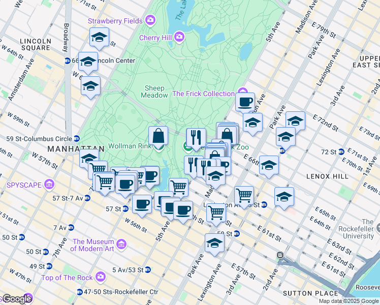 map of restaurants, bars, coffee shops, grocery stores, and more near East 64th Street in New York