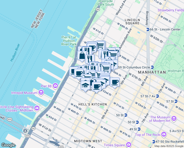 map of restaurants, bars, coffee shops, grocery stores, and more near 554 West 54th Street in New York