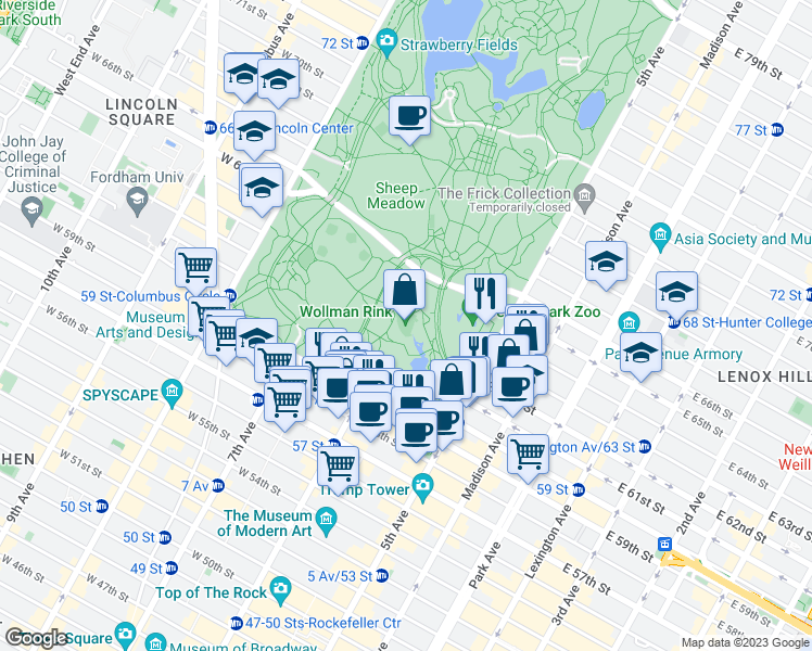 map of restaurants, bars, coffee shops, grocery stores, and more near 830 5th Avenue in New York