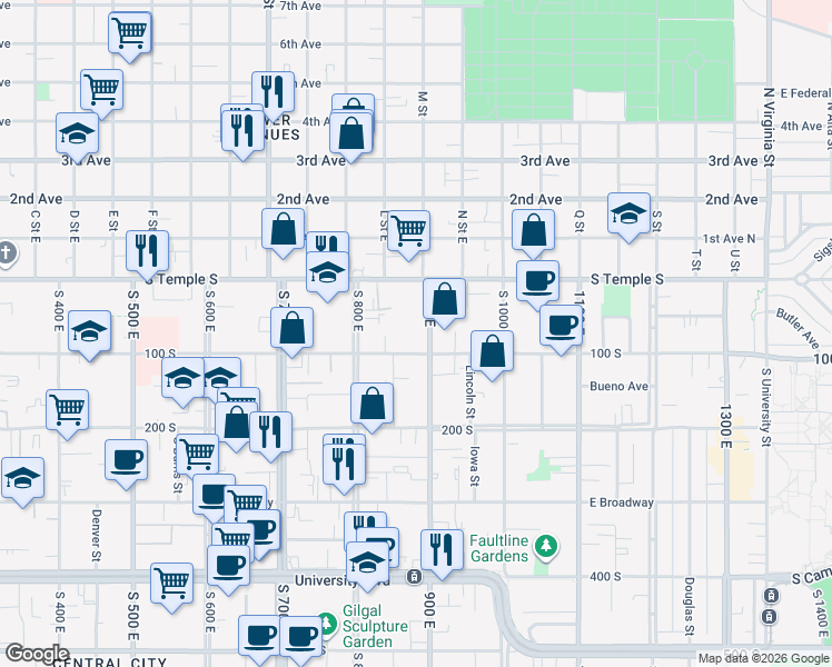 map of restaurants, bars, coffee shops, grocery stores, and more near 88 South 900 East in Salt Lake City