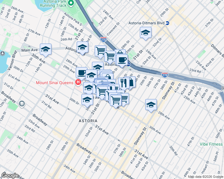 map of restaurants, bars, coffee shops, grocery stores, and more near 30-15 Newtown Avenue in Queens