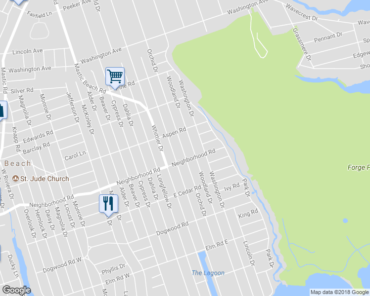 map of restaurants, bars, coffee shops, grocery stores, and more near 129 Orchid Drive in Mastic Beach