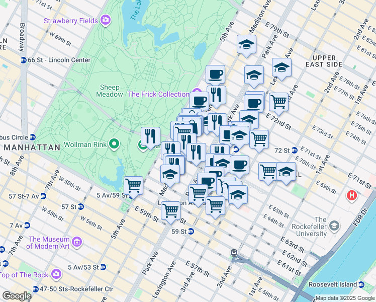 map of restaurants, bars, coffee shops, grocery stores, and more near 45 East 66th Street in New York