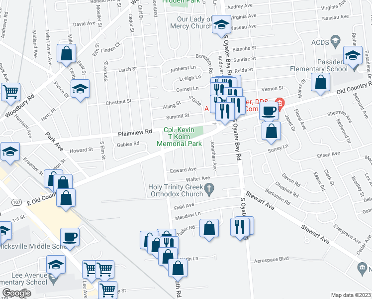 map of restaurants, bars, coffee shops, grocery stores, and more near 3 Liberty Avenue in Hicksville