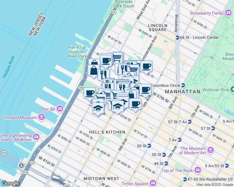 map of restaurants, bars, coffee shops, grocery stores, and more near 511 West 54th Street in New York