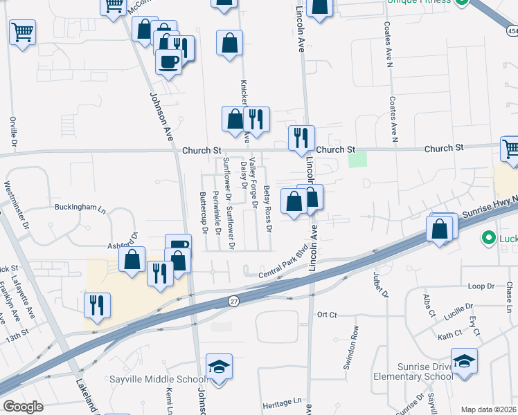 map of restaurants, bars, coffee shops, grocery stores, and more near 20 Betsy Ross Drive in Bohemia