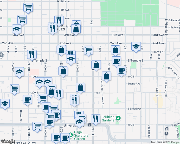 map of restaurants, bars, coffee shops, grocery stores, and more near 88 South 900 East in Salt Lake City