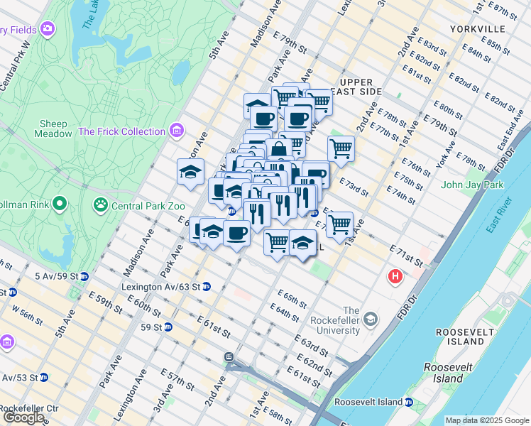 map of restaurants, bars, coffee shops, grocery stores, and more near 200 East 69th Street in New York